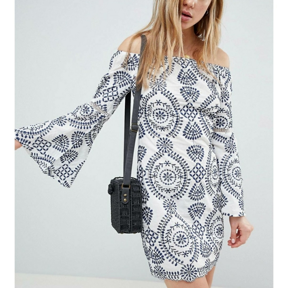 Parisian Blue & White Off Shoulder Dress